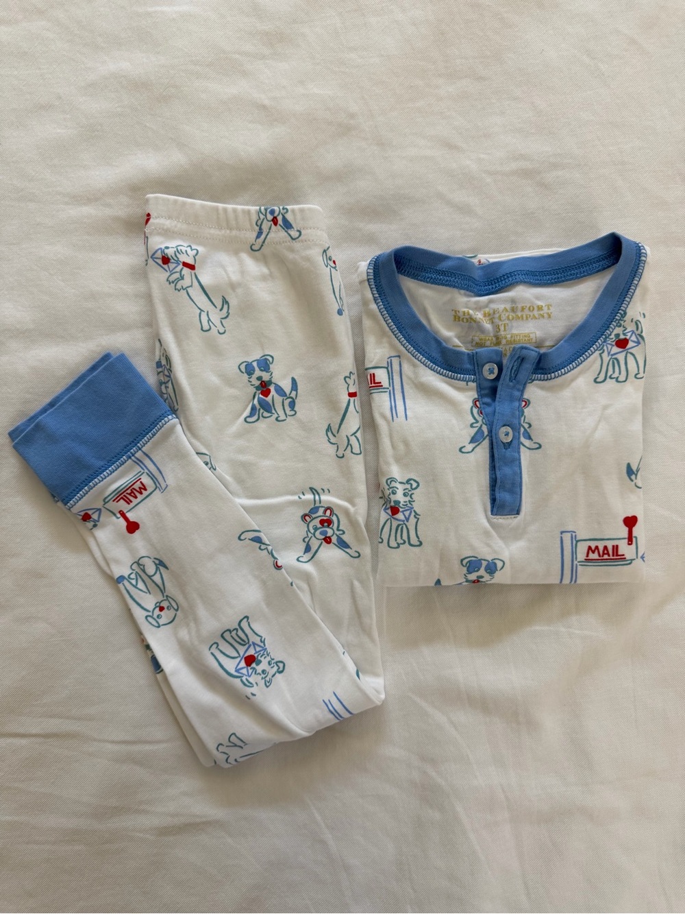 The Beaufort Bonnet Company White Pajama Set with Blue Trim and Puppy Print